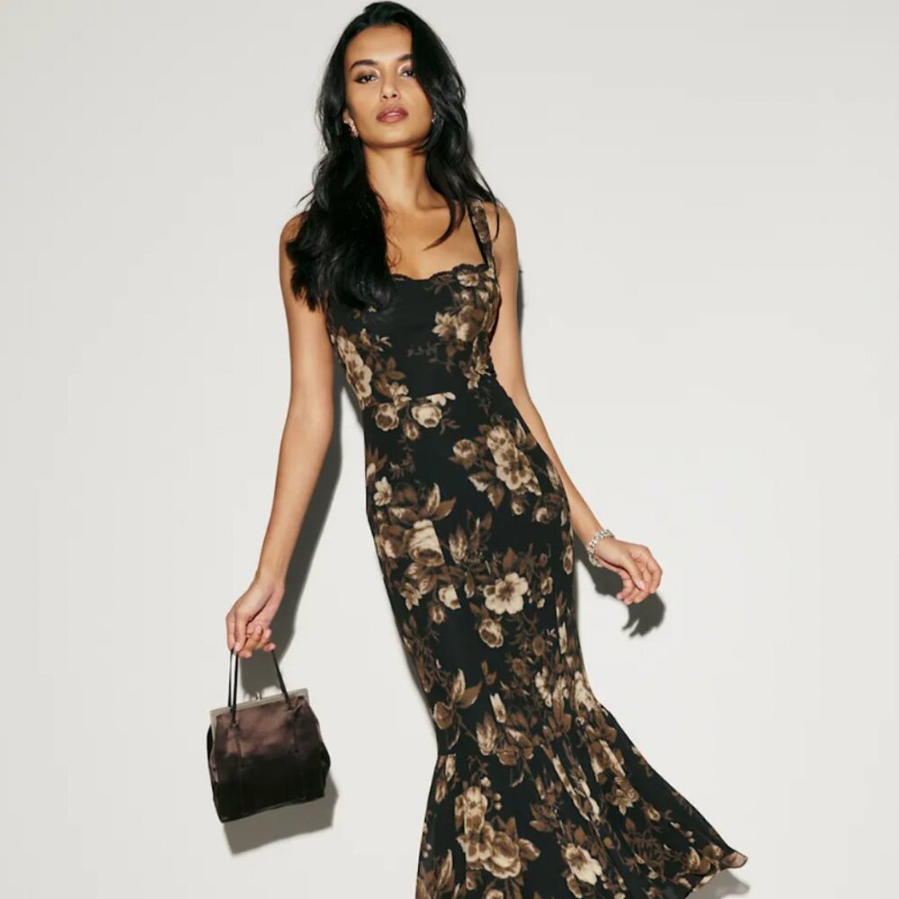 Reformation Black Floral Maxi Dress with Brown-Tan Blooms
